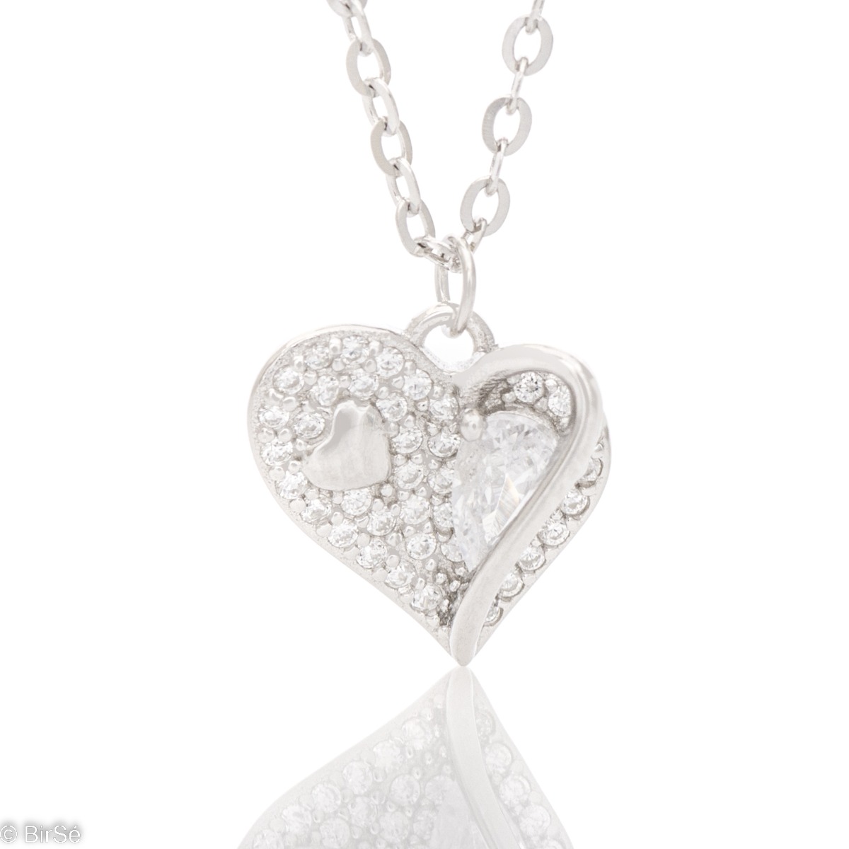 A stylish and gentle ladies' necklace with a fine rhodium-plated silver heart shape studded with glittering zircons. Suitable for a gift to a beloved girl.