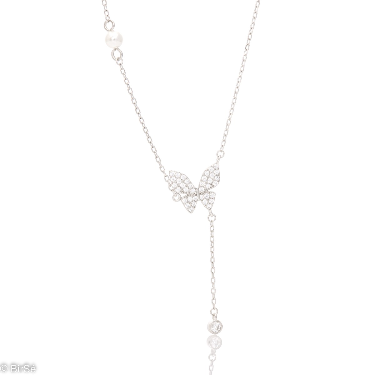 Elegant women's necklace in the shape of a delicate butterfly, with precise craftsmanship, combining exquisite rhodium-plated silver and sparkling fine zircons. Underneath the butterfly, a charming cubic zirconia in a silver setting playfully wobbles.