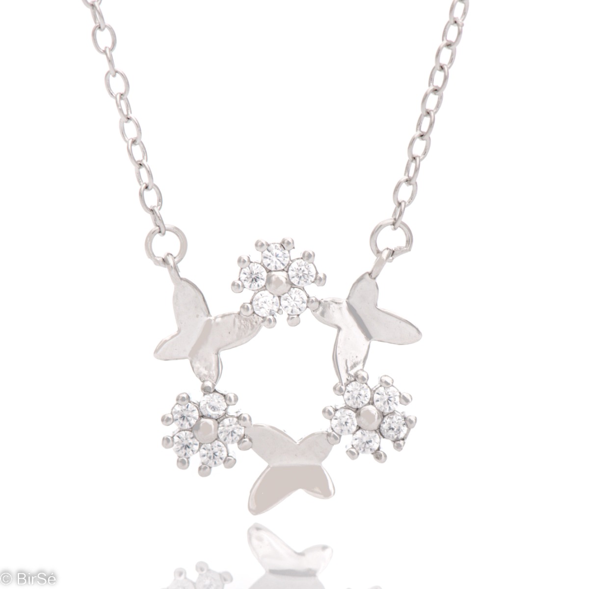 An ethereal necklace crafted in glittering rhodium silver of dancing butterflies, in the exquisite company of fine cubic zirconia flowers. The necklace is suitable for your everyday life.