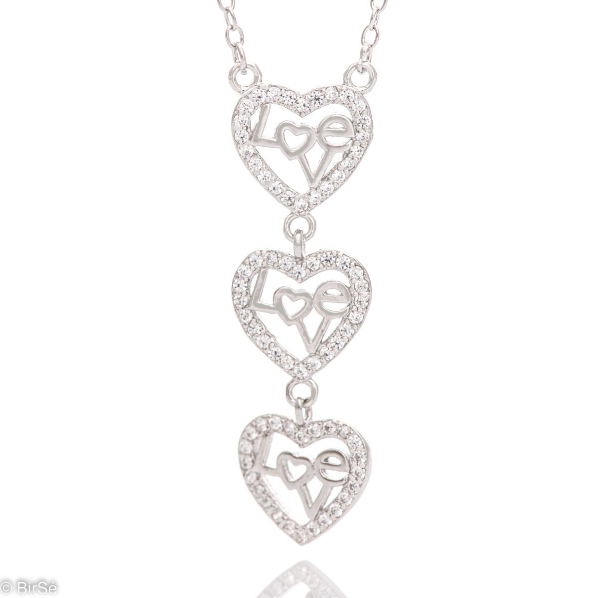 Elegant women's necklace with an exquisite design of rhodium silver with three delicate hearts. The jewelry is charming and the hearts with added fine stones bring a feeling of love. A necklace suitable for any lady in love.