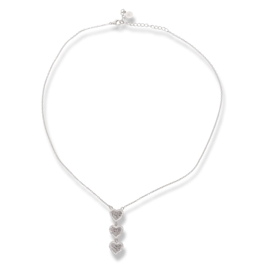 Elegant women's necklace with an exquisite design of rhodium silver with three delicate hearts. The jewelry is charming and the hearts with added fine stones bring a feeling of love. A necklace suitable for any lady in love.