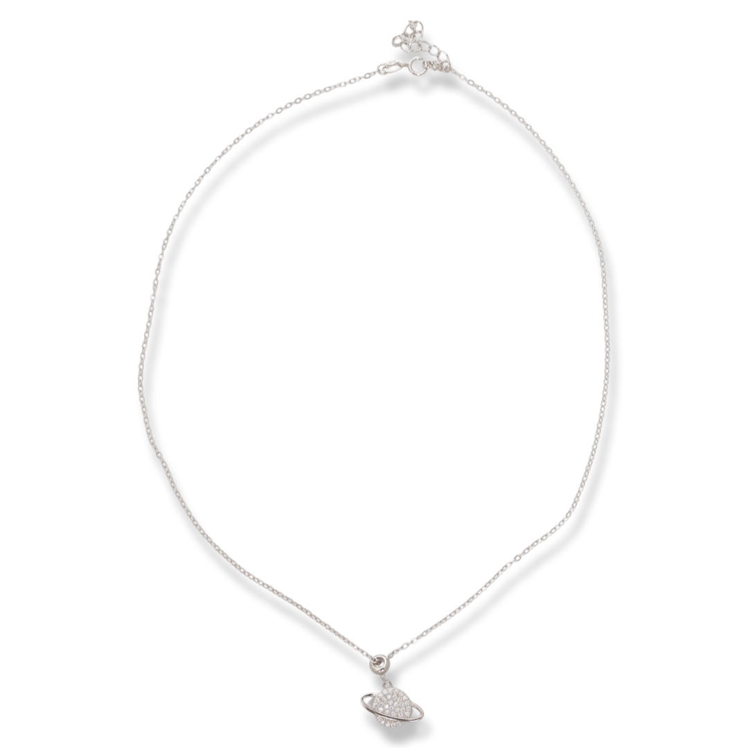 A spectacular necklace, elegantly shaped from soft rhodium-plated silver with the participation of sparkling zircons forming an exquisite planet. The necklace has an additional chain for changing the length.