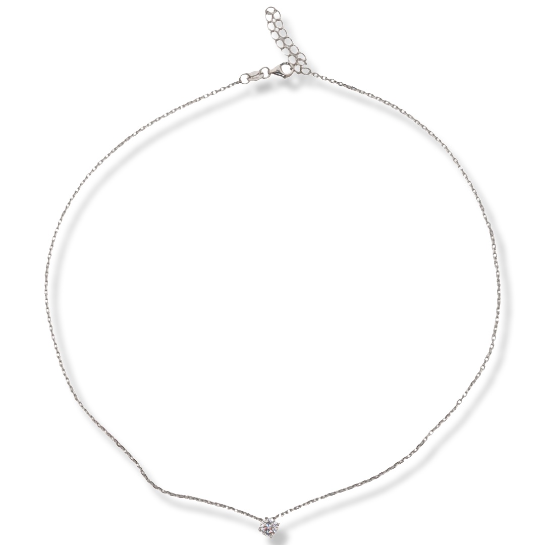 Fine women's necklace in soft rhodium-plated silver with a beautiful zircon as a centerpiece. A stylish and preferred model by every lady. The necklace has an extension of the chain, for greater convenience.