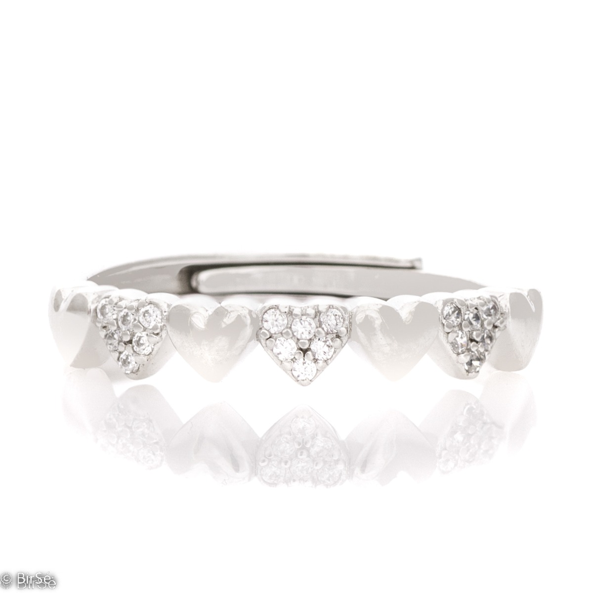 An elegant women's ring with spectacular craftsmanship, made of a delicate combination of rhodium-plated silver and sparkling zircons in a row of hearts. The adjustable size of the jewelry is another plus to it.