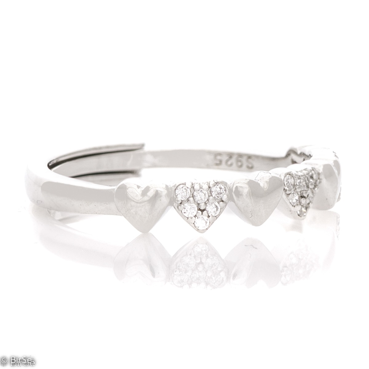 An elegant women's ring with spectacular craftsmanship, made of a delicate combination of rhodium-plated silver and sparkling zircons in a row of hearts. The adjustable size of the jewelry is another plus to it.