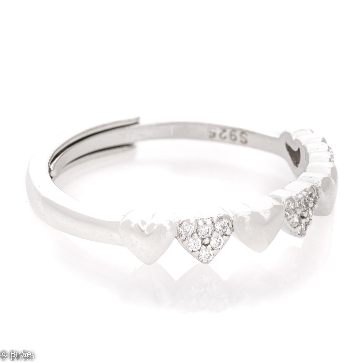 An elegant women's ring with spectacular craftsmanship, made of a delicate combination of rhodium-plated silver and sparkling zircons in a row of hearts. The adjustable size of the jewelry is another plus to it.