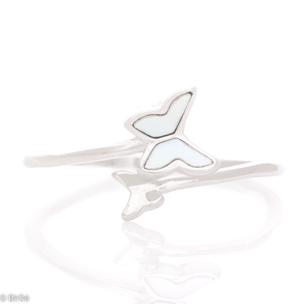 Elegant women's ring, open model with butterflies in flight. Extremely stylish design from a combination of rhodium-plated silver and soft white mother-of-pearl.