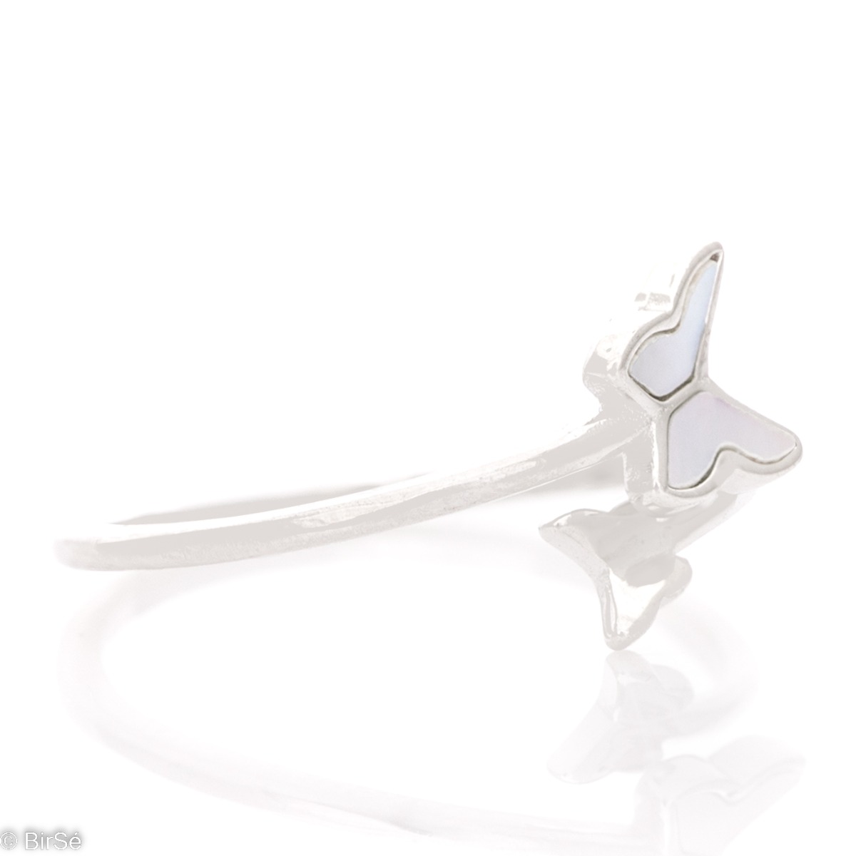 Elegant women's ring, open model with butterflies in flight. Extremely stylish design from a combination of rhodium-plated silver and soft white mother-of-pearl.