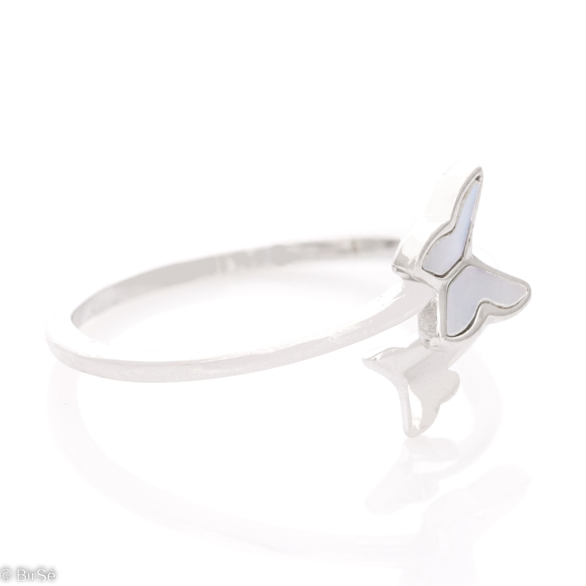 Elegant women's ring, open model with butterflies in flight. Extremely stylish design from a combination of rhodium-plated silver and soft white mother-of-pearl.