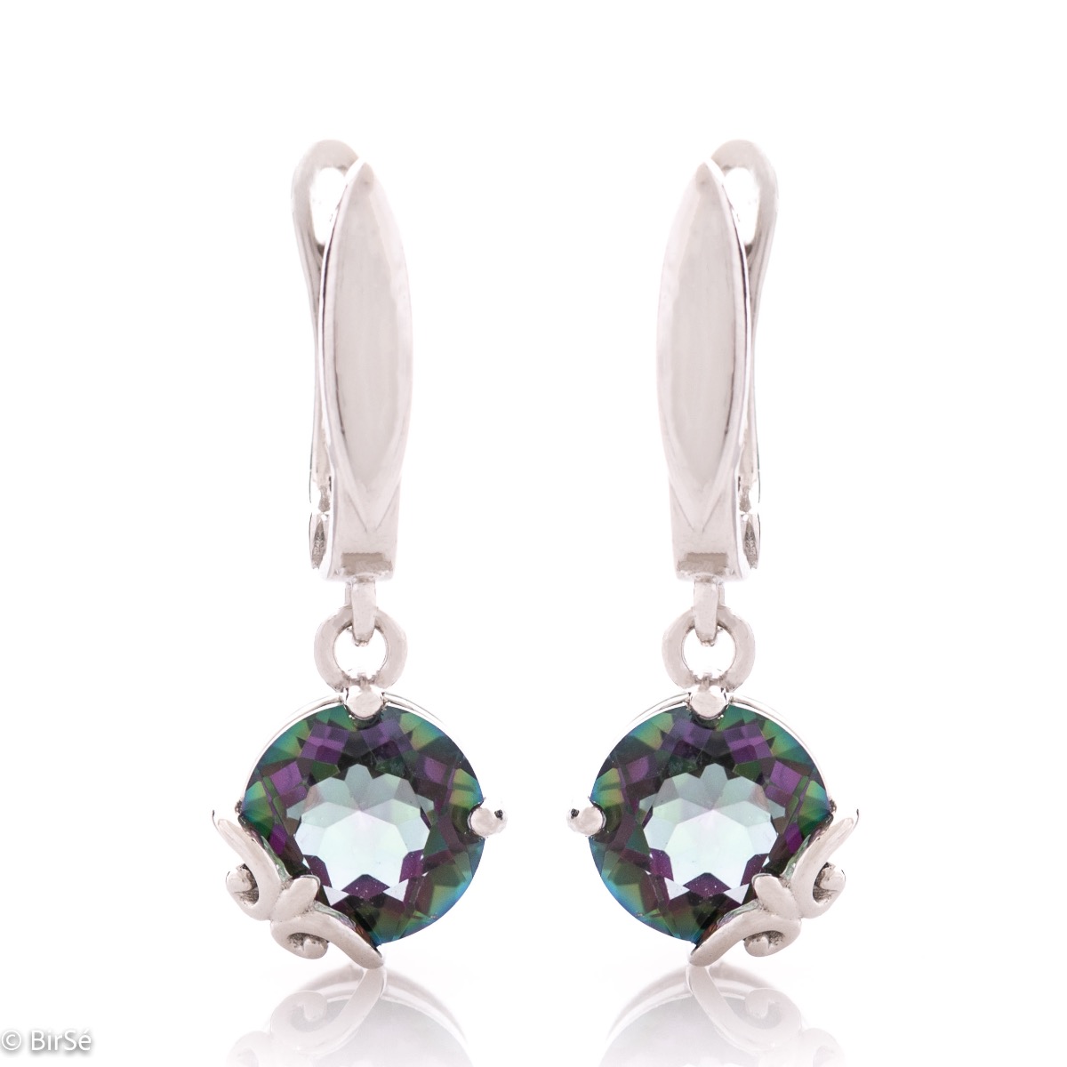 A striking combination of soft rhodium silver with sparkling natural mystic topaz stone in our new English clasp earrings for women. Part of an exceptional ring and pendant set, with fine curves and craftsmanship.