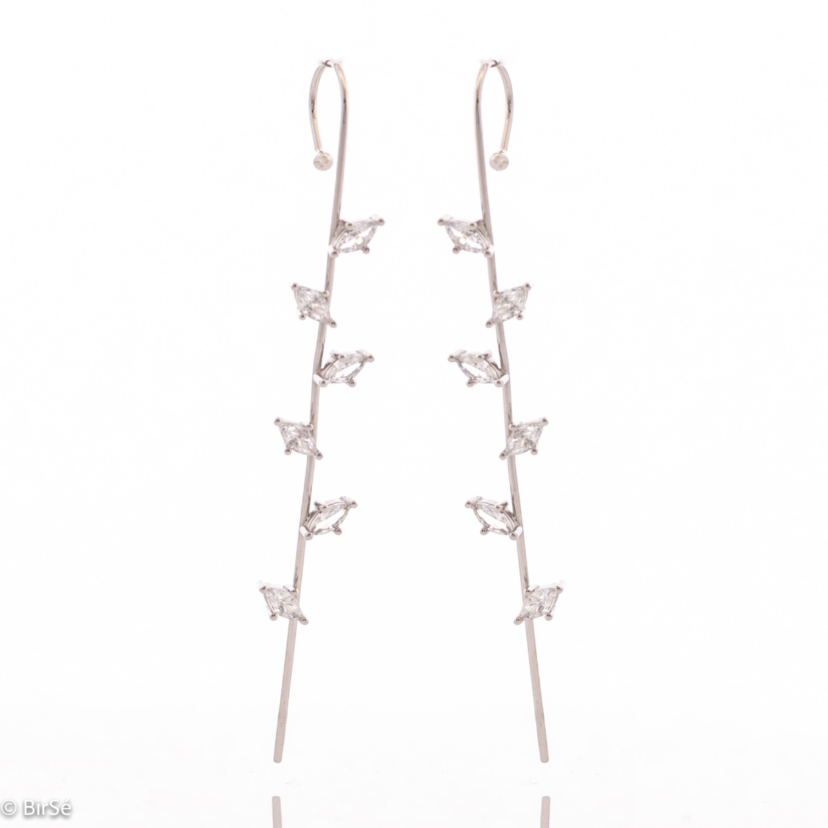 Eccentric women's earrings in fine rhodium silver, with an interesting design layout resembling a branch with leaves of zircons. The earrings are a hairpin type, with a piercing attachment. Extremely sexy style, a suitable gift for girls and women, fans o