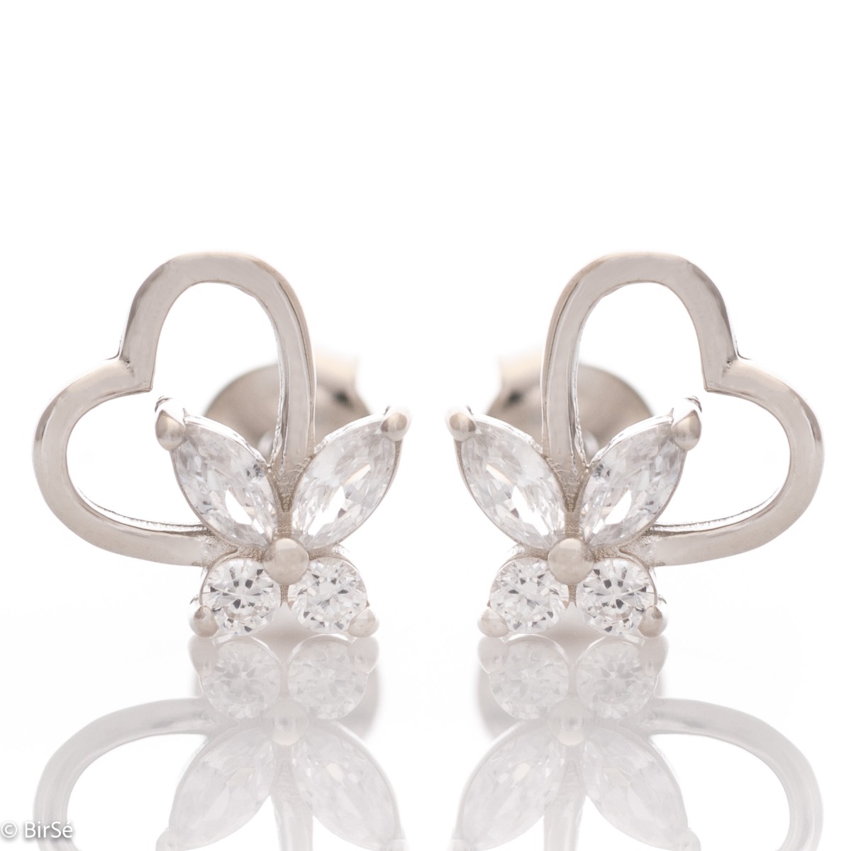 Delicate women's earrings in finely rhodium-plated sterling silver, expertly crafted into a pair of lovely hearts, perched atop dazzling cubic zirconia butterflies. The earrings are fastened with a pin - extremely comfortable and practical. A suitable gif