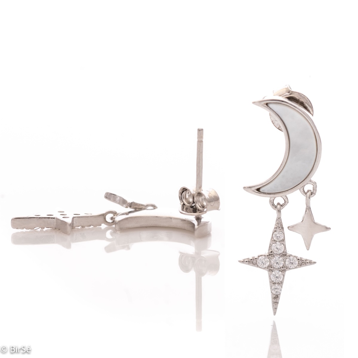 Captivating earrings, masterfully crafted from fine rhodium silver with an elegant design. Beautifully sculpted stars and moon with mother-of-pearl and zircons are suitable jewelry for ladies of any age, and the pin fastening is comfortable and practical.