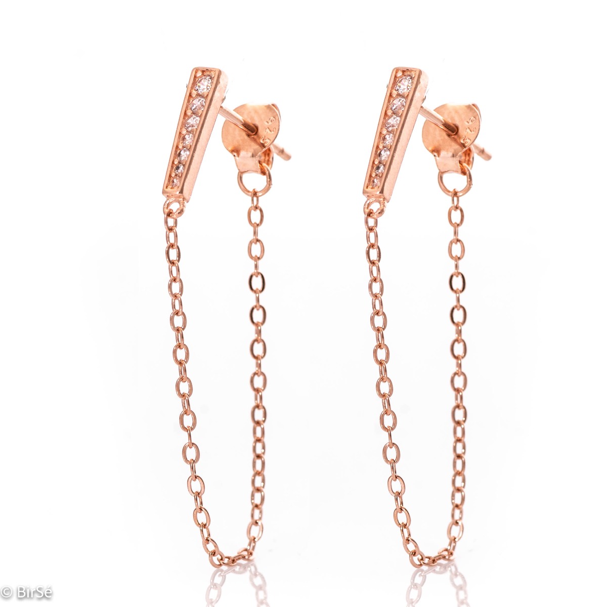 A simple model of women's dangling earrings with an elegant design, completely formed by combining rose silver with sparkling zircons. The fastening is with a pin - comfortable and practical. A wonderful mood for your everyday life with BirSe earrings.