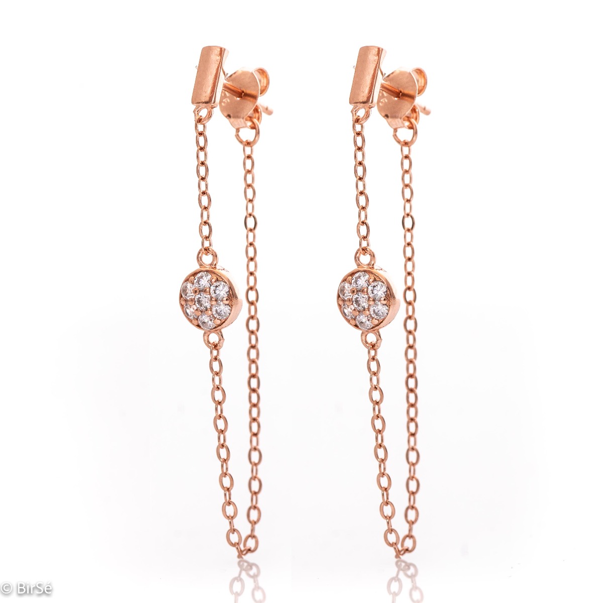 A stylish model of dangling ladies' earrings with an elegant design, completely formed by combining rose silver with sparkling zircons. The fastening is with a pin - comfortable and practical. A wonderful mood for your everyday life with BirSe earrings.