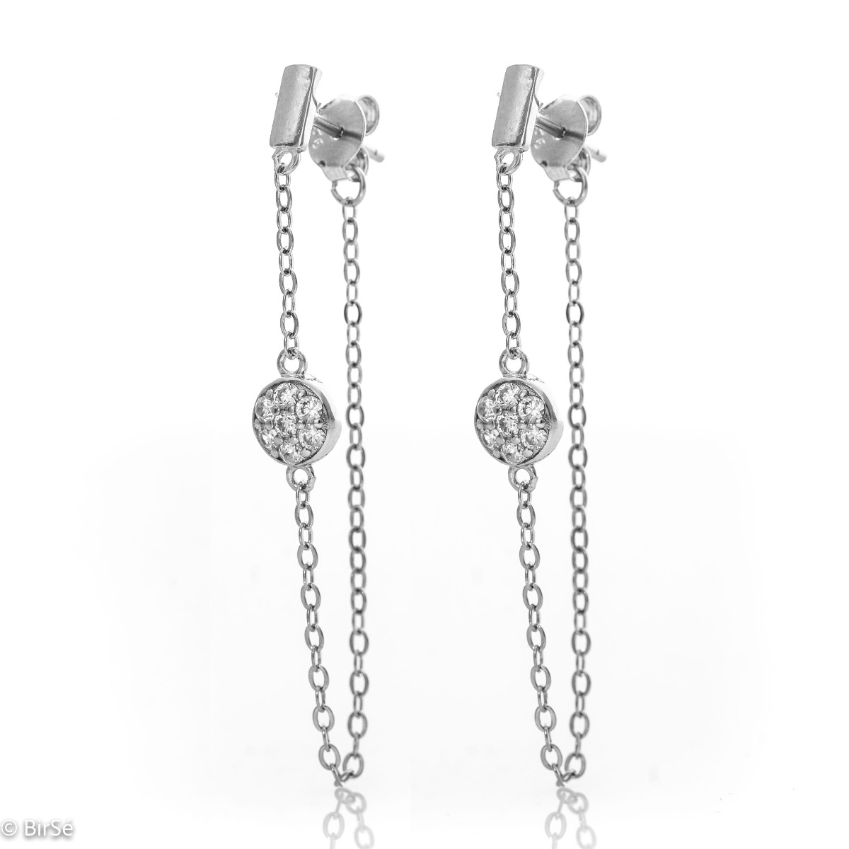 A stylish model of women's dangling earrings with an elegant design, completely formed by combining rhodium-plated silver with sparkling zircons. The fastening is with a pin - comfortable and practical. A wonderful mood for your everyday life with BirSe e