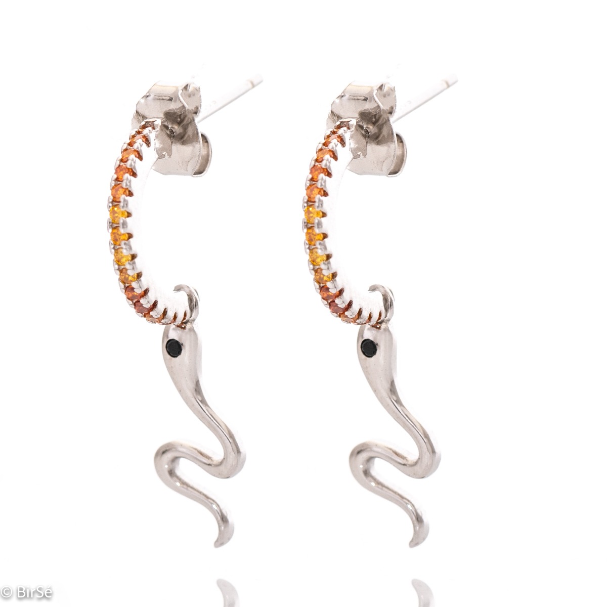 Extravagant women's earrings with an interesting design - a snake pendant, completely formed by combining rhodium-plated silver with colorful zircons. The fastening is with a pin - comfortable and practical. A beautiful look for your special moments with 