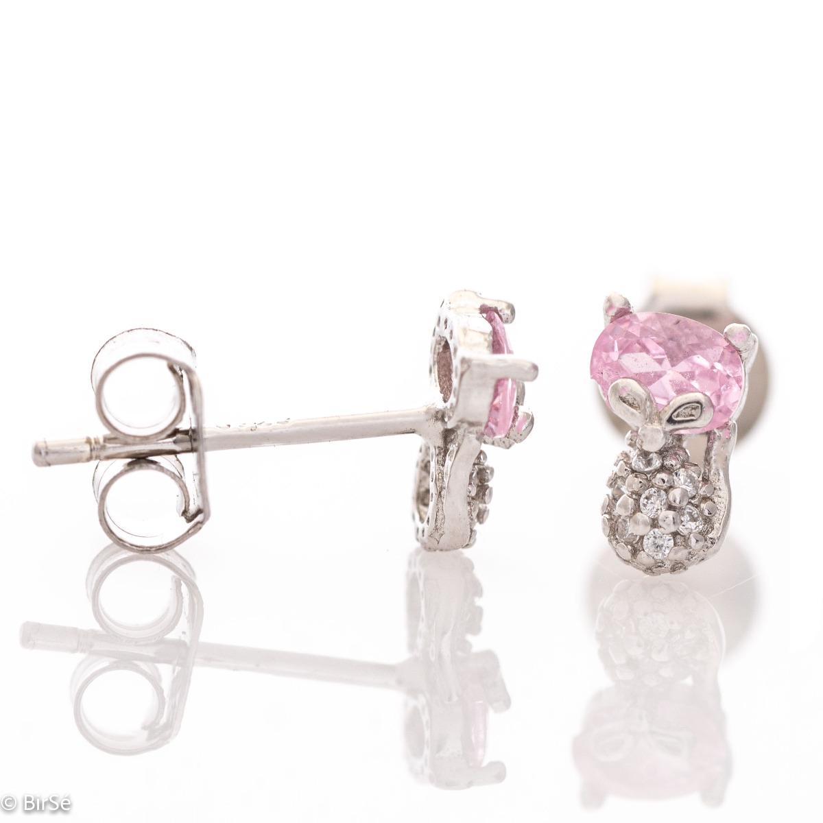 Charming delicate earrings made entirely of rhodium-plated sterling silver that gracefully embrace a beautiful pink stone. Its lovely shine is further enhanced by countless fine zircons. The earrings have a pin fastening and are suitable for both children