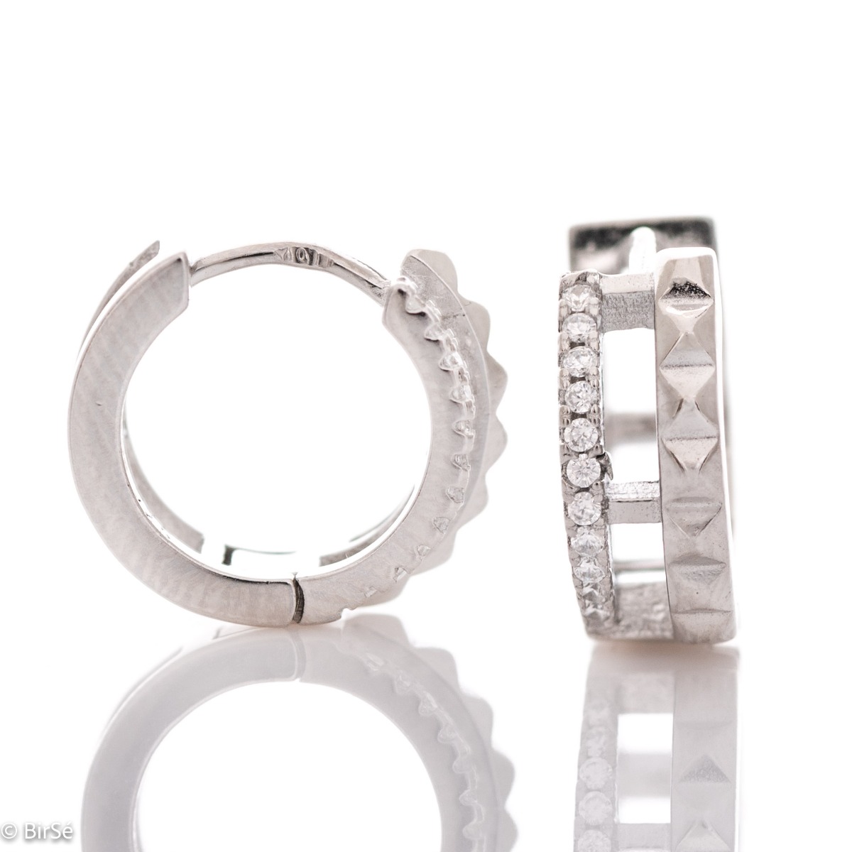 Spectacular workmanship of women's hoop earrings with English clasp and stylish design, entirely made of rhodium-plated silver and delicate, sparkling zircons.