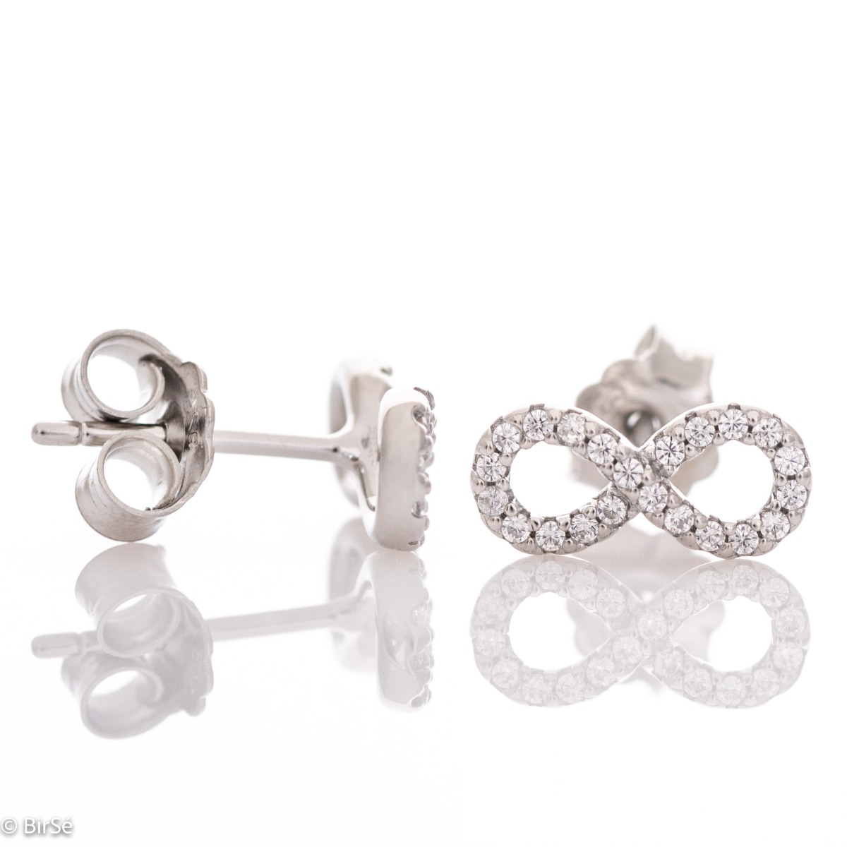 Spectacular craftsmanship of women's infinity stud earrings with a stylish design, all rhodium-plated silver, covered with delicate, sparkling zircons.