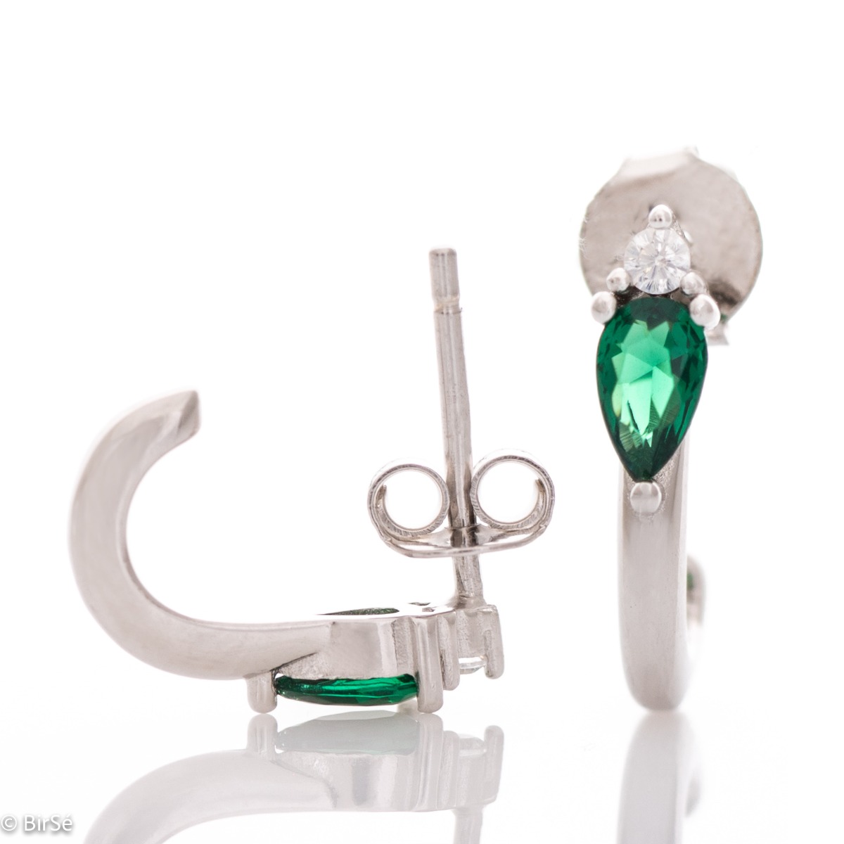 Elegantly crafted women's earrings with a sophisticated design of fine rhodium silver, a simple model, with a drop of synthetic tourmaline and a sparkling zircon.