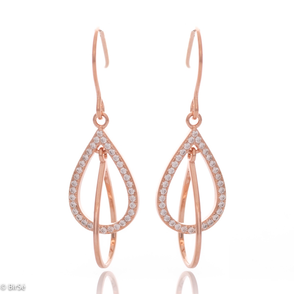 Delicate dangling earrings in fine rose silver, with drop-shaped elements, decorated with sparkling zircons. Fastening willow - fast, comfortable and preferred by the ladies.