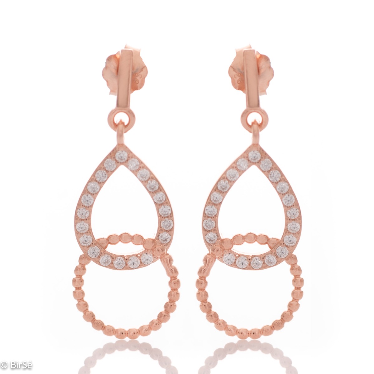 Delicate dangling earrings in fine rose silver, with elements decorated with sparkling zircons. Pin fastening - fast, comfortable and preferred by the ladies.