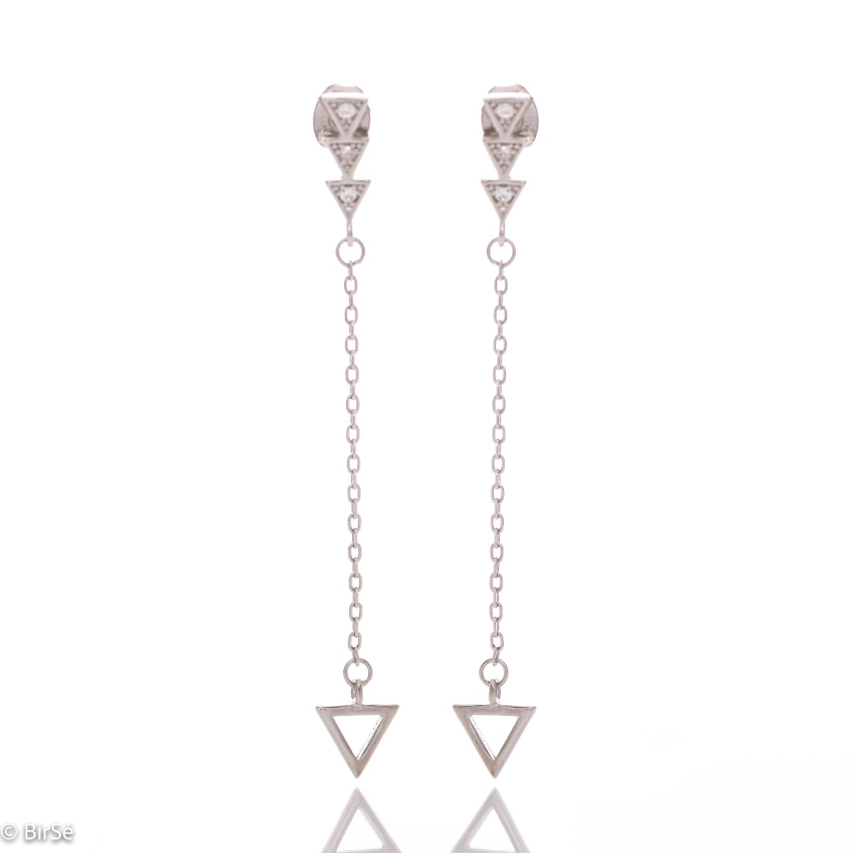 Fine women's earrings in shiny rhodium silver, with a delicate chain ending in a triangular pendant. Pin fastening - comfortable and practical for ladies.