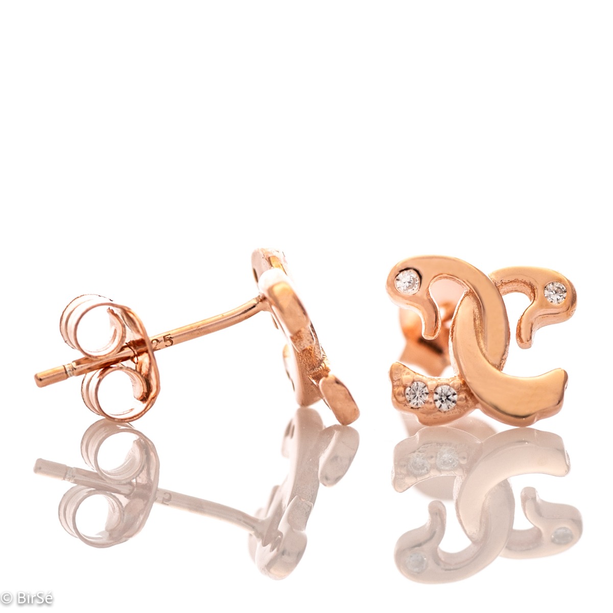 A gentle embrace in exquisite earrings carefully crafted from rose silver and zircons in the shape of a swan dance. With a pin fastening, they are also comfortable for little girls.