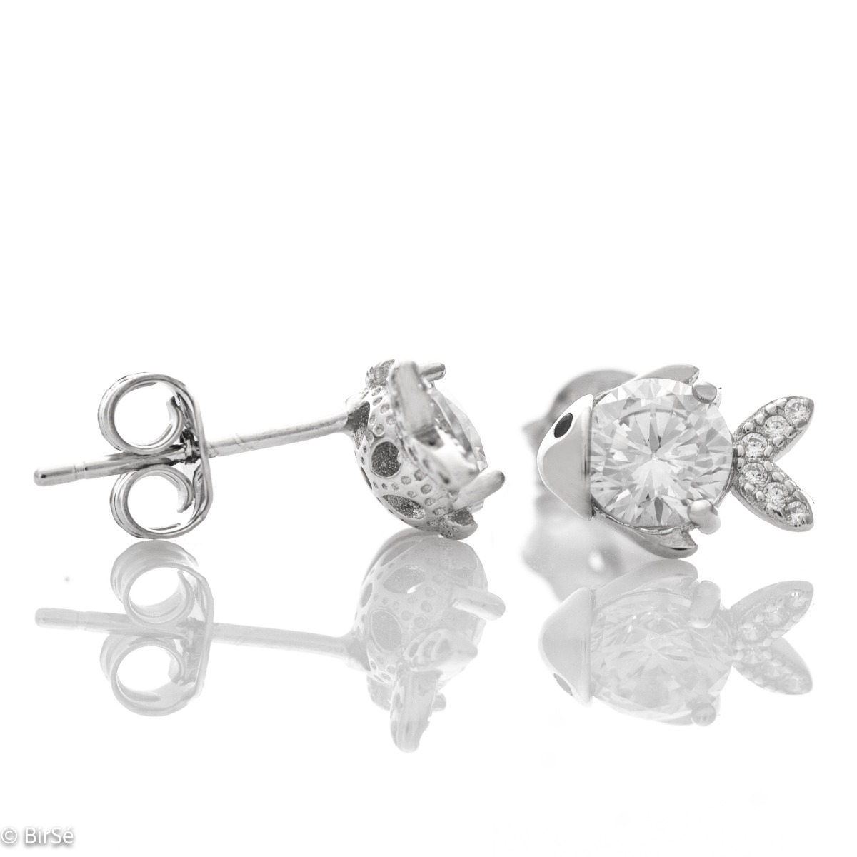 Charming sterling silver Fish earrings crafted with exquisite designs of glittering zircons elements. The fastening is with a pin - secure and preferred by the ladies.