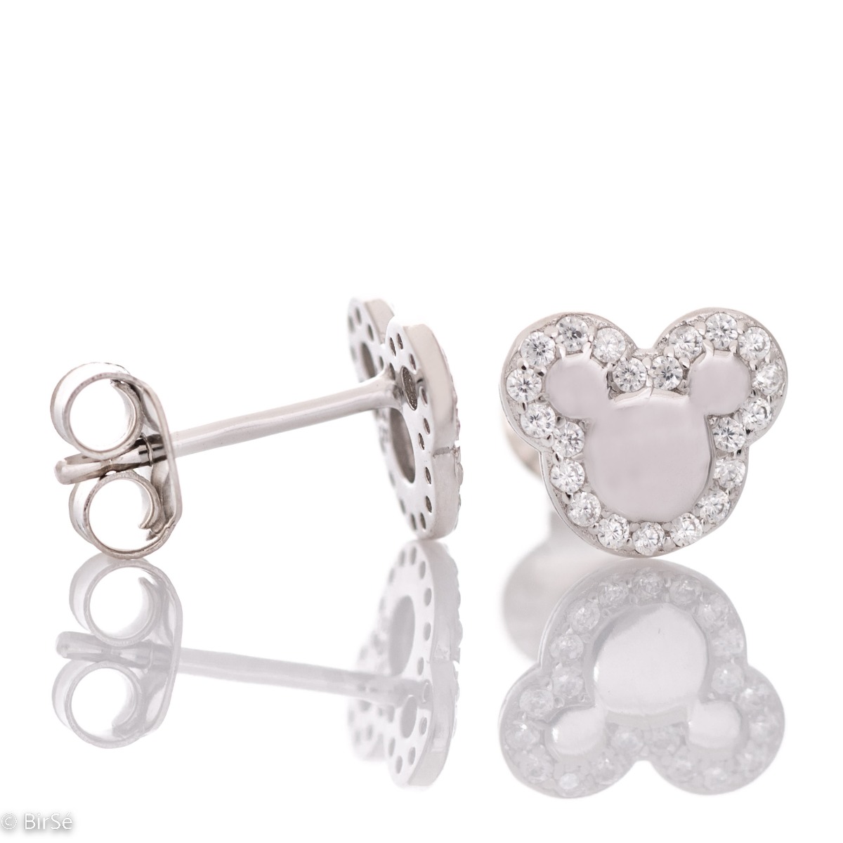 Charming ear-shaped earrings made of rhodium-plated silver with countless sparkling zircons. The pin fastening is secure and comfortable, and the earrings are also a suitable gift for little girls.