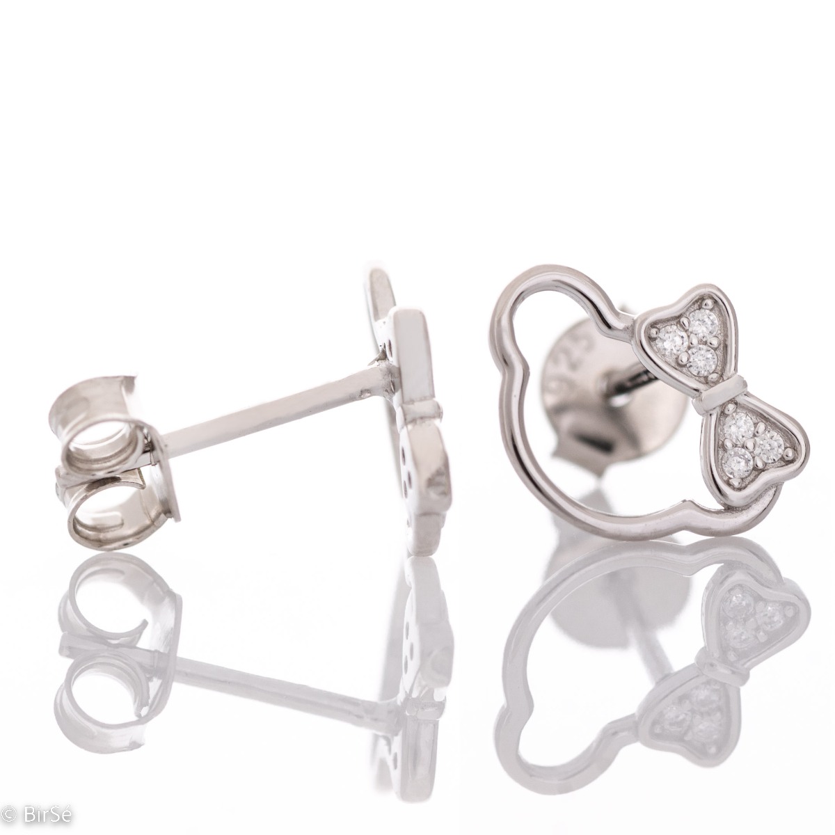 Cute children's earrings, made of shiny rhodium silver, depicting a bear's head with a ribbon of zircons. Earrings are a suitable gift for a child of any age.