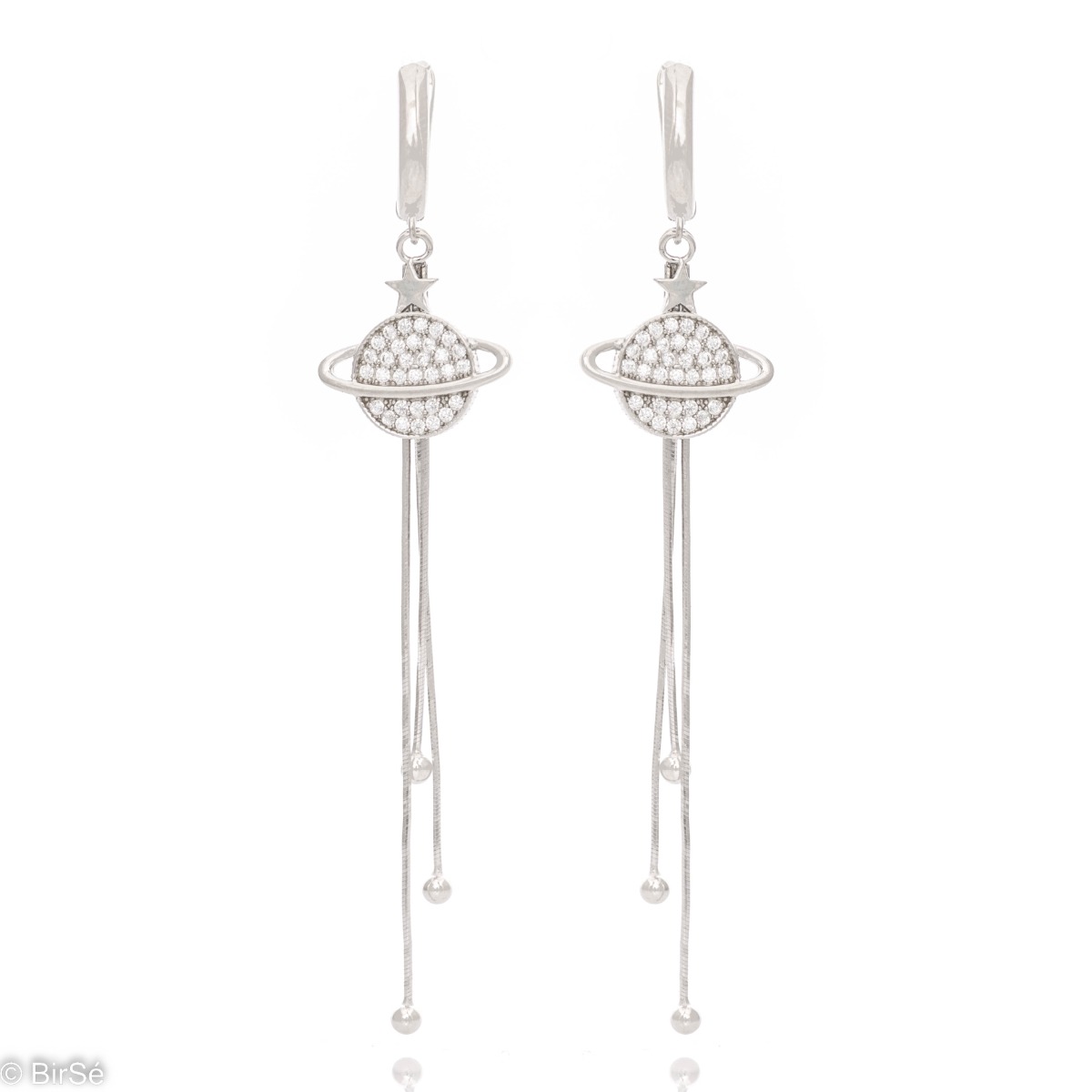 Charming dangle earrings with celestial motifs, made entirely of fine rhodium silver and glittering zircons. Small silver balls dangle at the end of delicate chains and make the earrings even more charming.