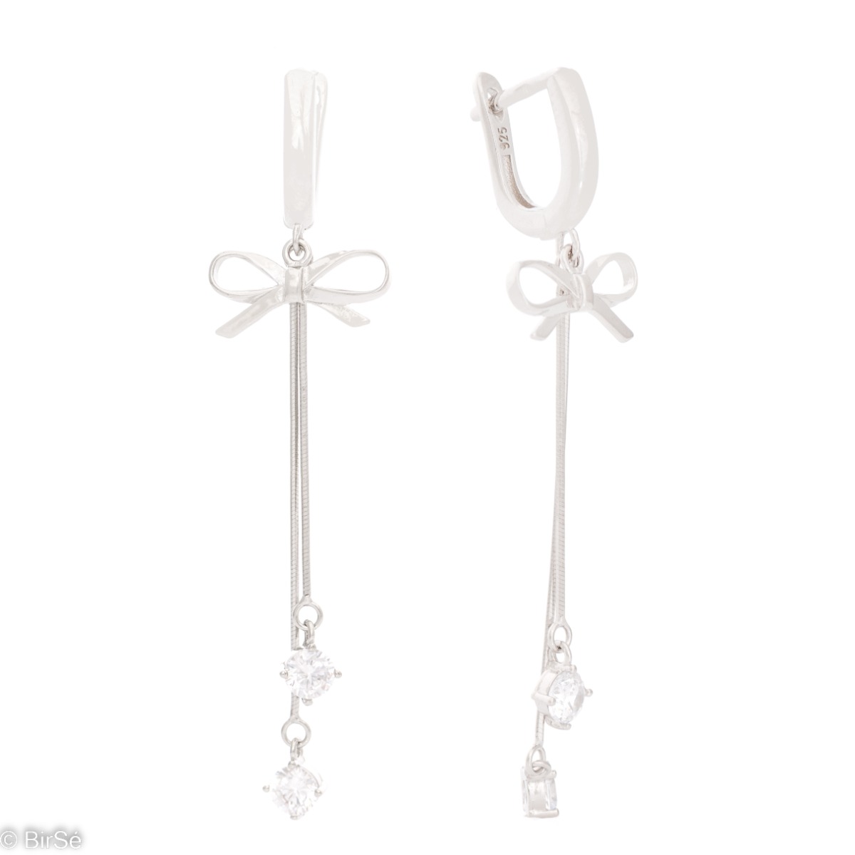 Charming women's earrings made entirely of rhodium-plated silver. Beautiful ribbon-shaped elements accent near English-style clasps, while fine sparkling zircons dangle playfully at the end of delicate chains.