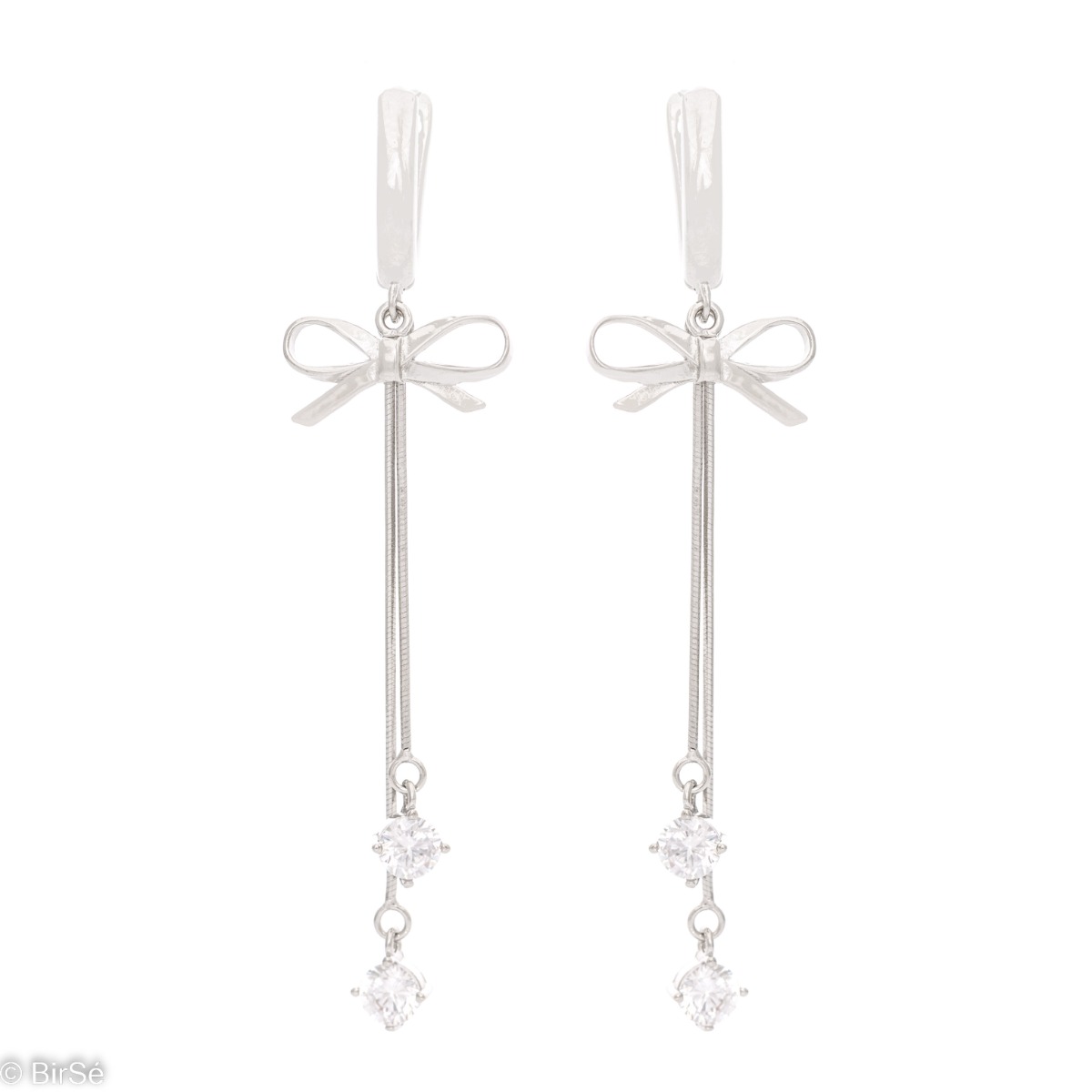 Charming women's earrings made entirely of rhodium-plated silver. Beautiful ribbon-shaped elements accent near English-style clasps, while fine sparkling zircons dangle playfully at the end of delicate chains.