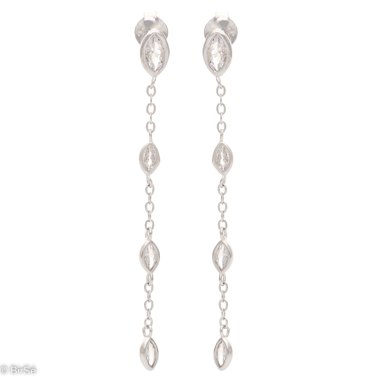 An elegant model of dangling ladies' earrings made of rhodium silver, a spectacular combination of a fine chain and shiny zircons. The earrings are suitable for any outfit.