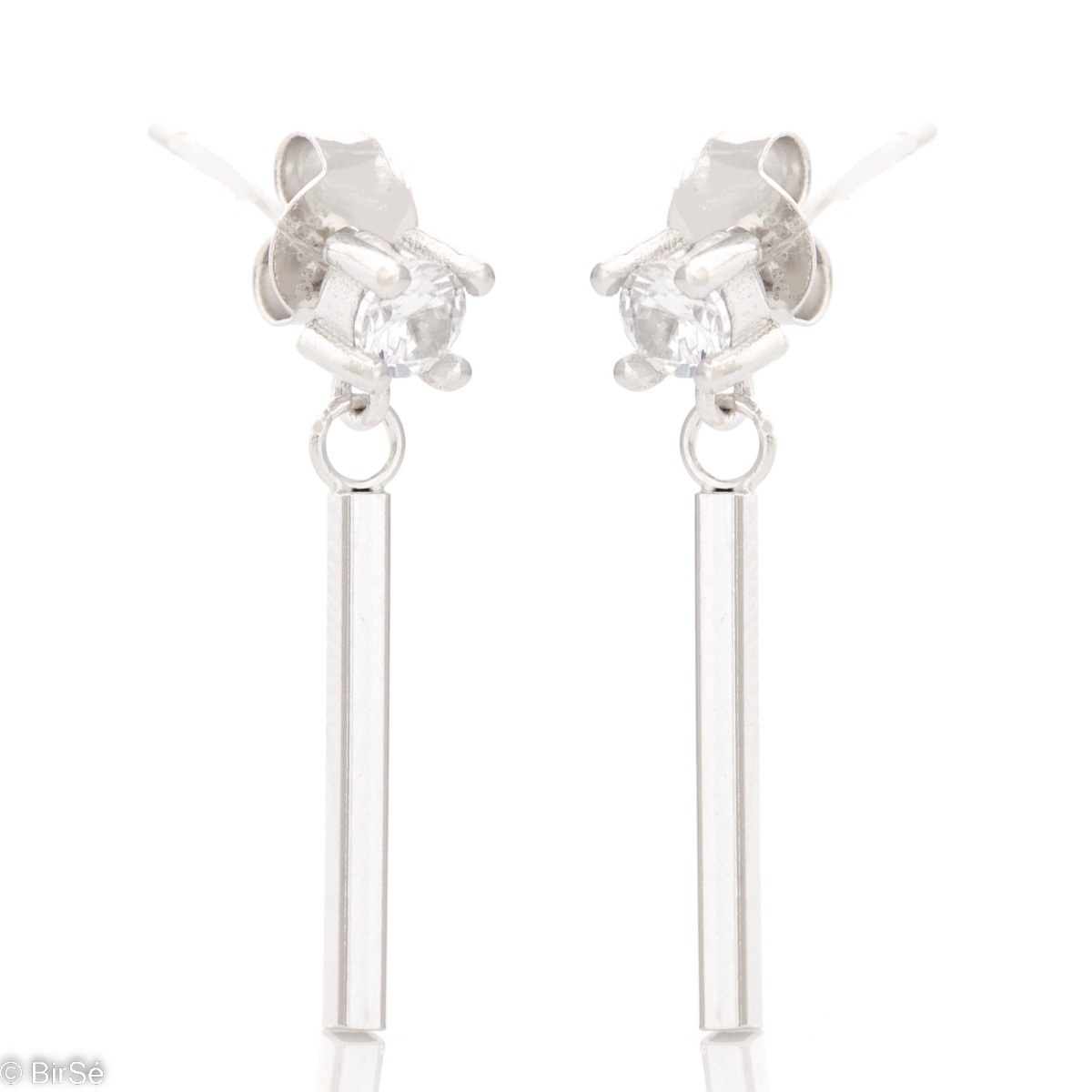 A stylish model of women's dangling earrings made of rhodium silver, a spectacular combination of fine pendant and shiny zircon. The earrings are suitable for an everyday outfit. The fastening is with a pin for greater convenience.