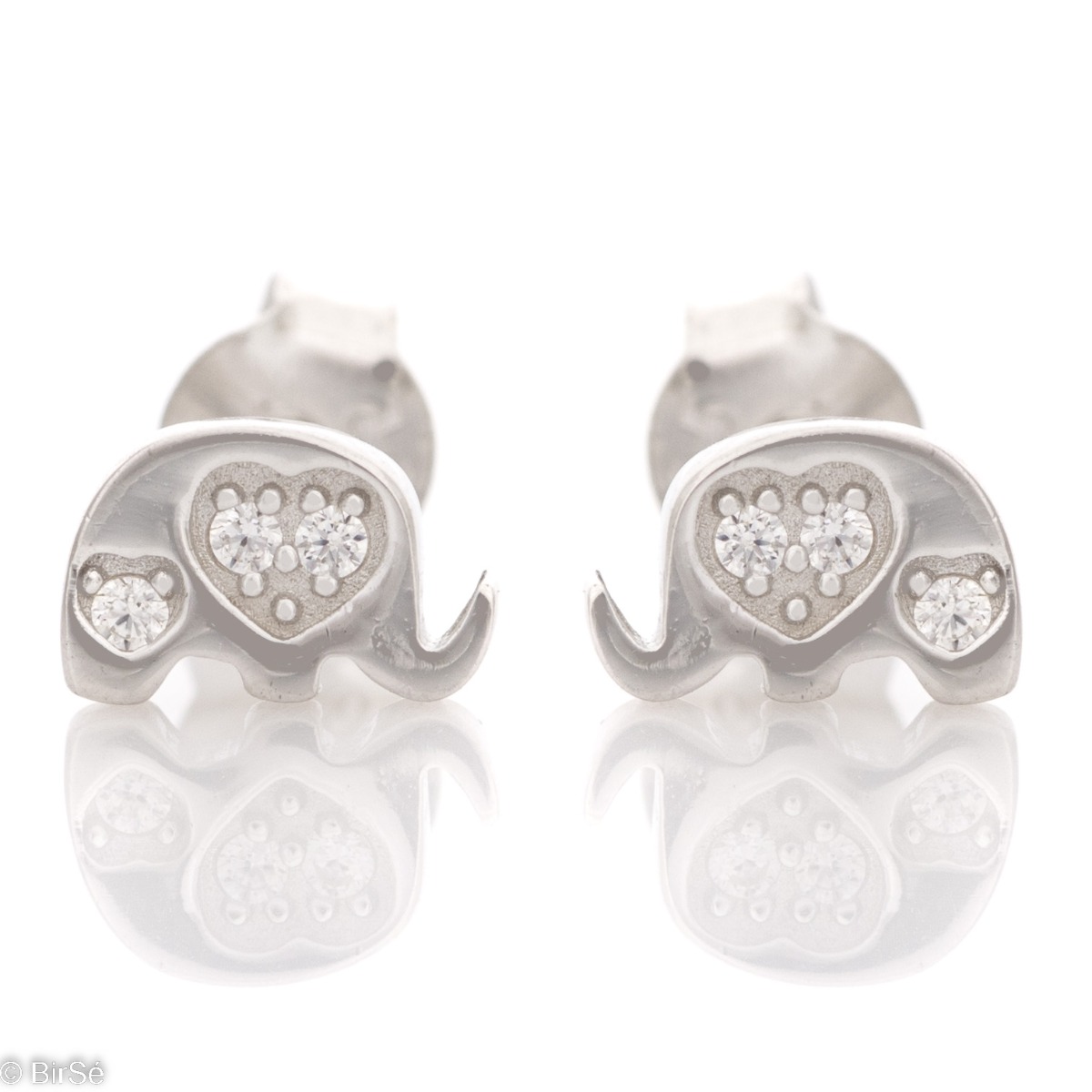 Delicate rhodium silver earrings in the shape of an elephant, delicately decorated with hearts and zircons. The earrings have a pin fastening and are suitable for children.