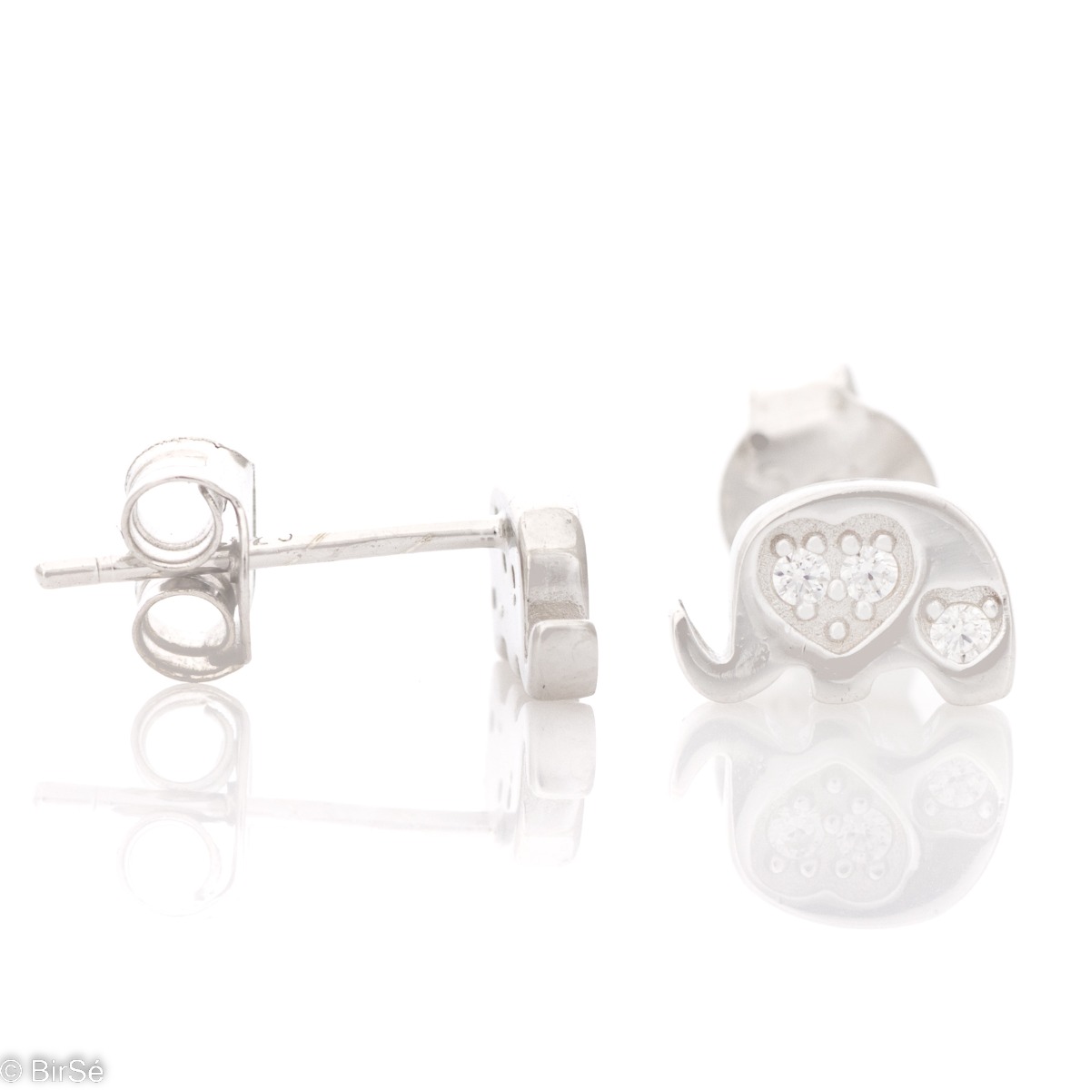 Delicate rhodium silver earrings in the shape of an elephant, delicately decorated with hearts and zircons. The earrings have a pin fastening and are suitable for children.