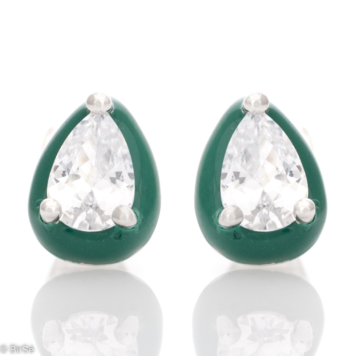 A colorful emotion with delicate earrings crafted from fine rhodium silver, elegantly paired with a dazzling teardrop zircon encased in grass green enamel.