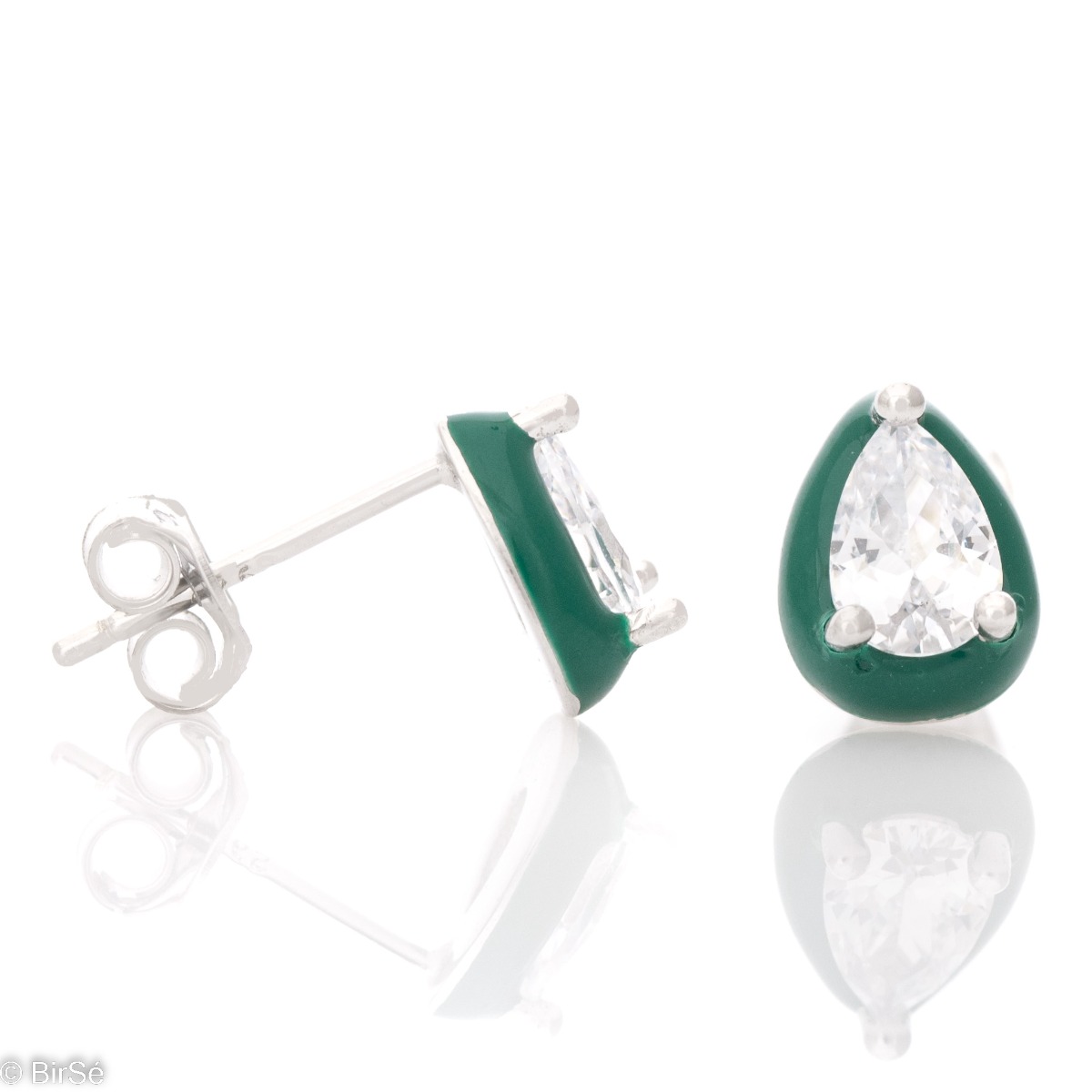 A colorful emotion with delicate earrings crafted from fine rhodium silver, elegantly paired with a dazzling teardrop zircon encased in grass green enamel.