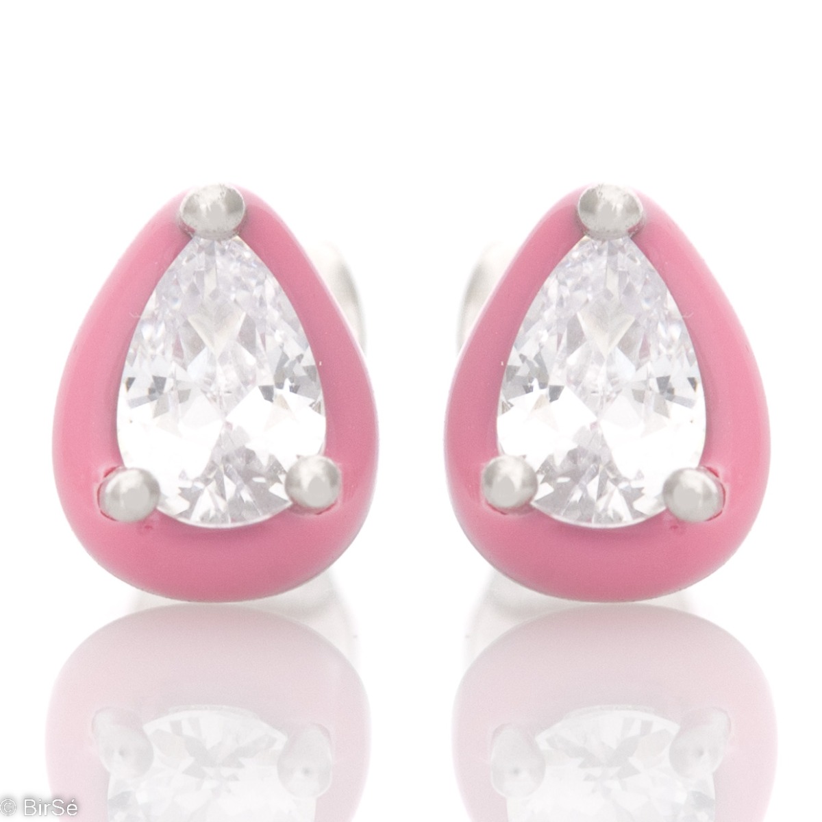 A colorful emotion with delicate earrings crafted from fine rhodium silver, elegantly paired with a dazzling teardrop zircon encased in pink enamel.