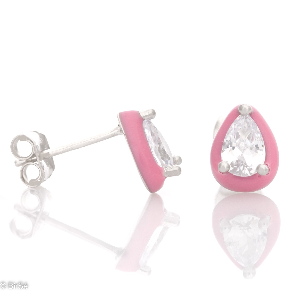 A colorful emotion with delicate earrings crafted from fine rhodium silver, elegantly paired with a dazzling teardrop zircon encased in pink enamel.