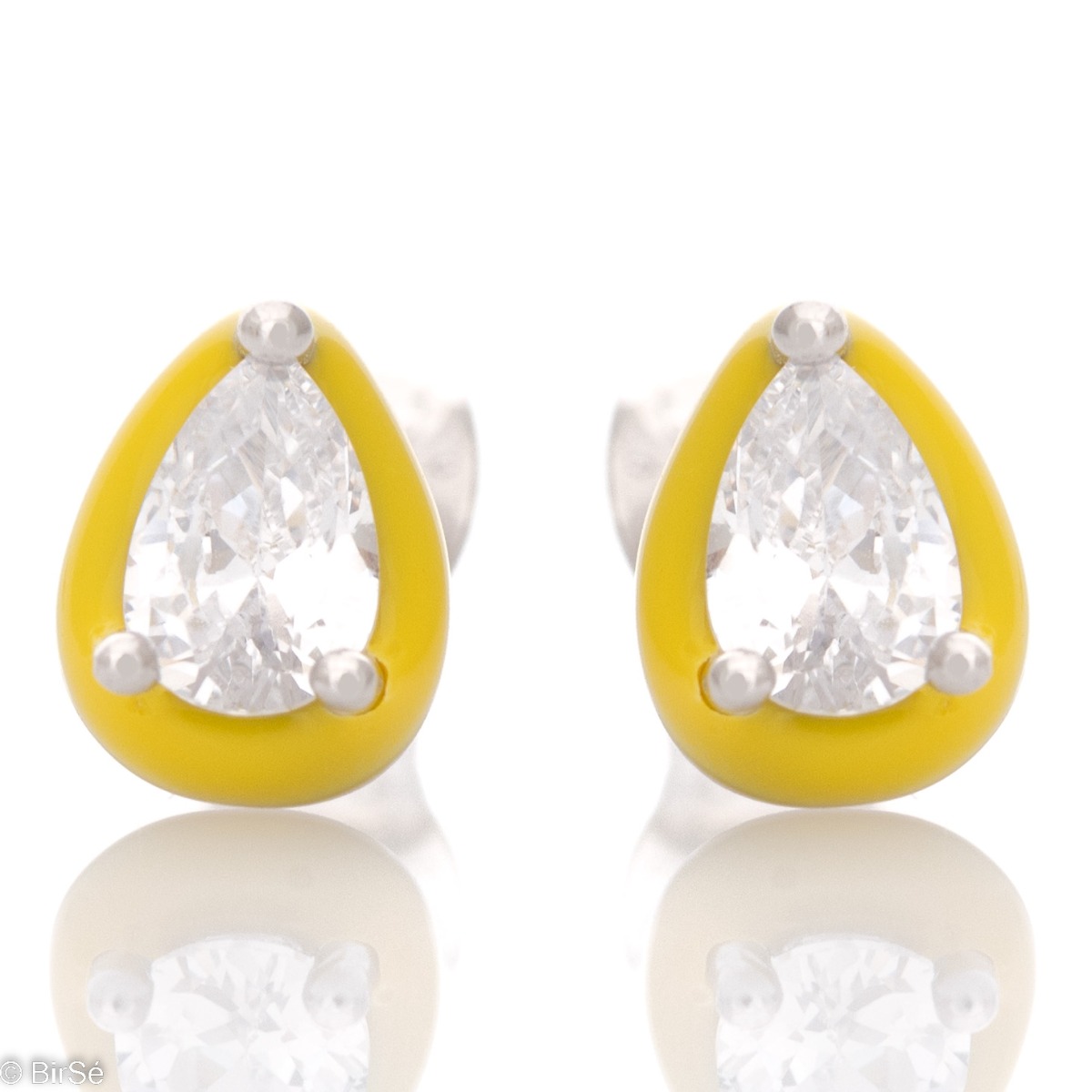 A colorful emotion with delicate earrings made of fine rhodium silver, elegantly combined with a dazzling teardrop zircon surrounded by yellow enamel.