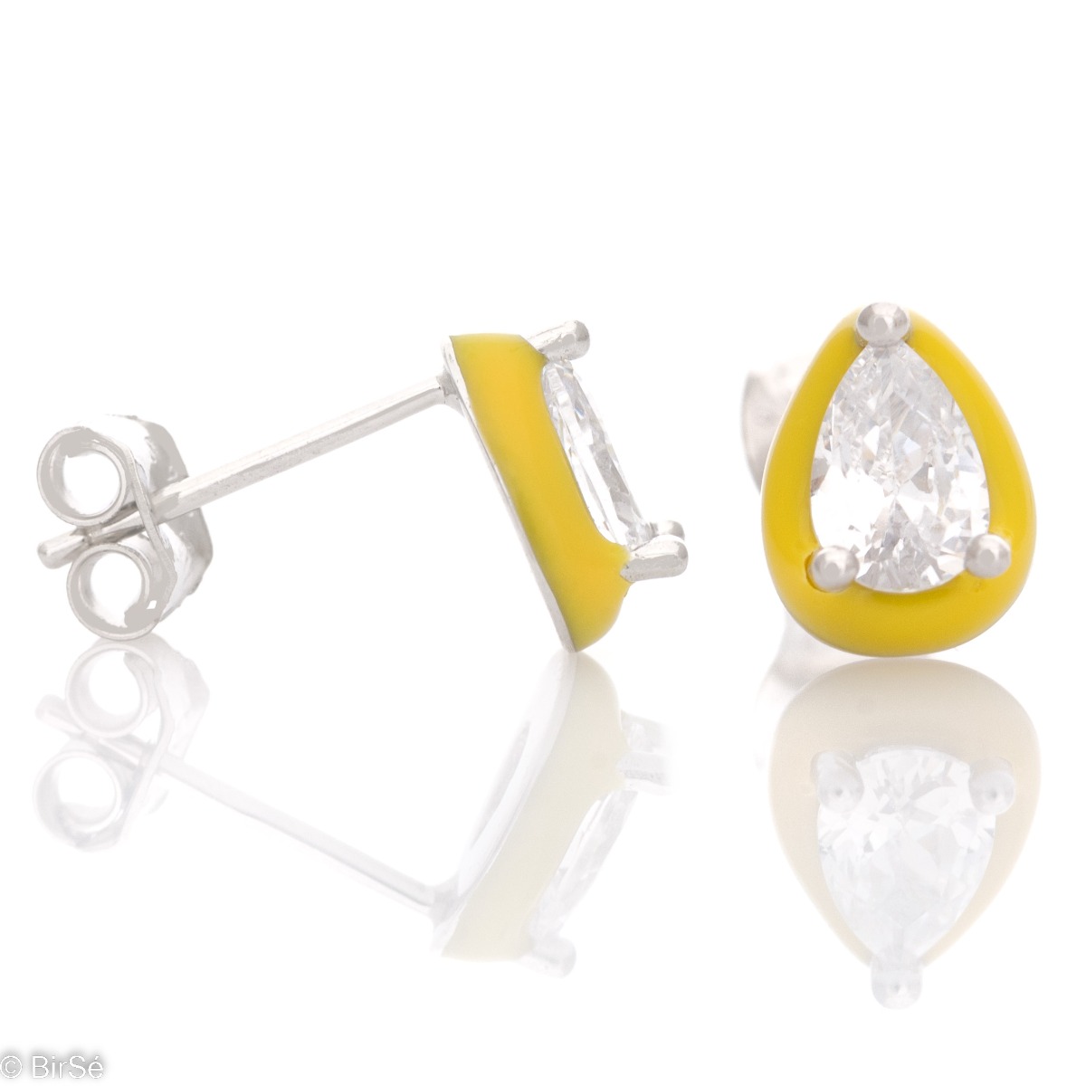 A colorful emotion with delicate earrings made of fine rhodium silver, elegantly combined with a dazzling teardrop zircon surrounded by yellow enamel.