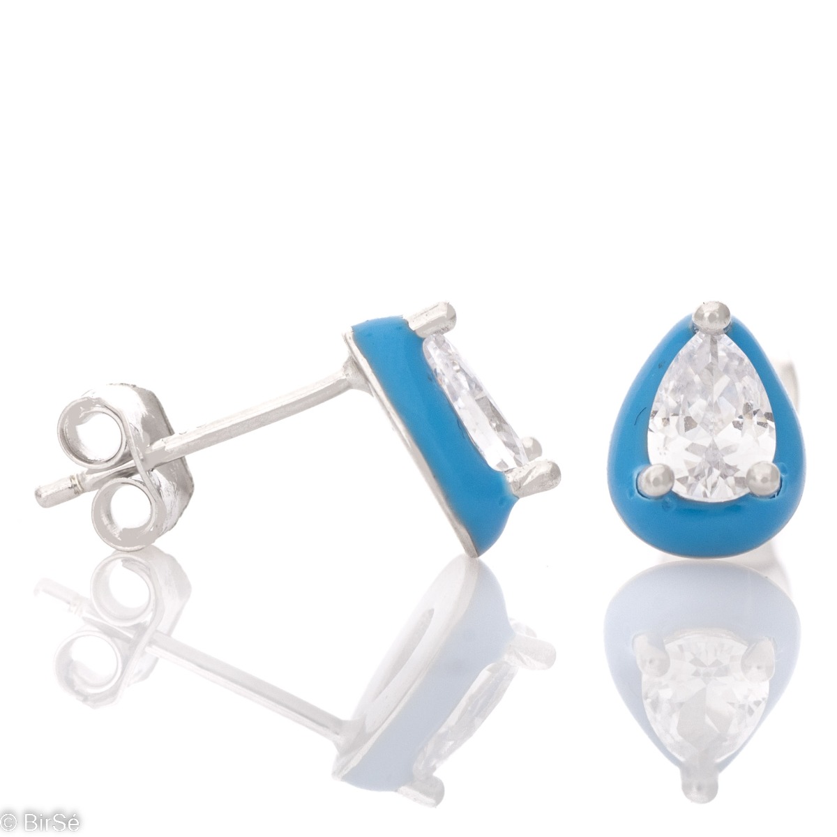 A colorful emotion with delicate earrings crafted from fine rhodium silver, elegantly paired with a dazzling teardrop zircon encased in sky blue enamel.A colorful emotion with delicate earrings crafted from fine rhodium silver, elegantly paired with a daz