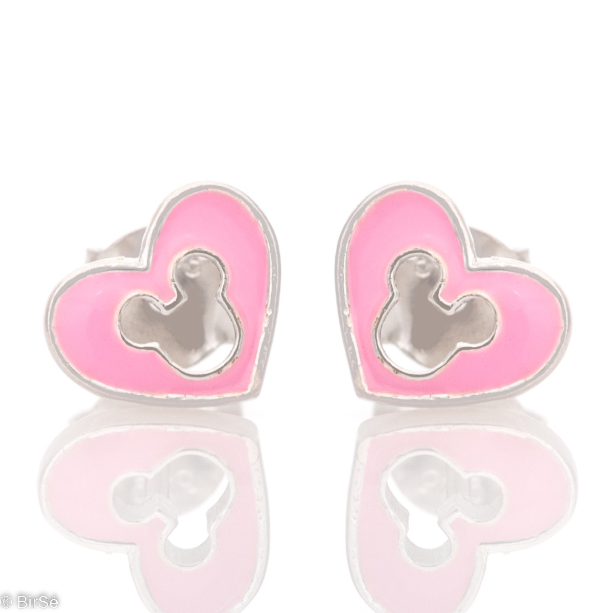 Charming delicate earrings made of finely rhodium-plated silver in the shape of hearts, covered with delicate pink enamel. The earrings are fastened with a pin for convenience and security.