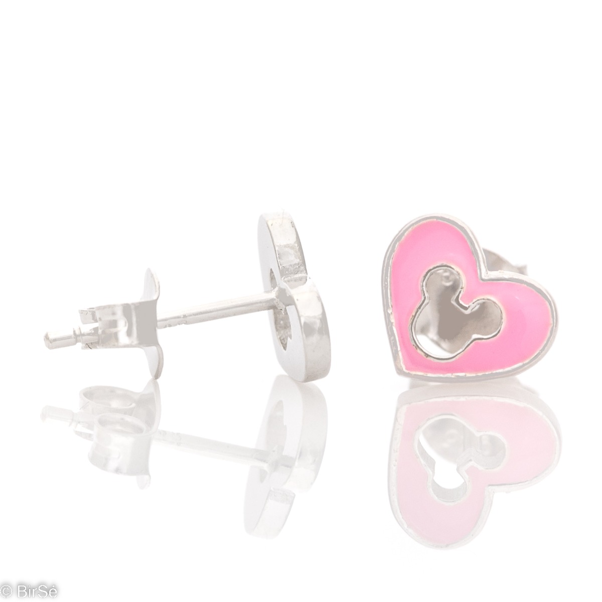 Charming delicate earrings made of finely rhodium-plated silver in the shape of hearts, covered with delicate pink enamel. The earrings are fastened with a pin for convenience and security.