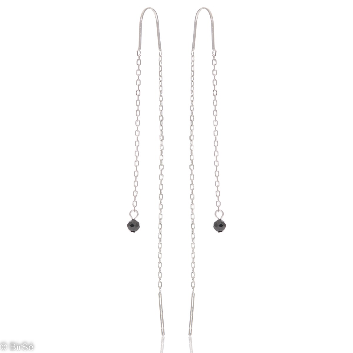 Elegant dangling earrings made of rhodium-plated silver with a small onyx ball. A delicate classic chain is an integral part of the jewelry, which is placed through a piercing.