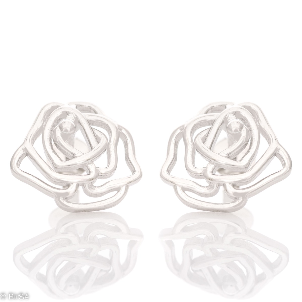 Delicate women's stud earrings with an exquisite shape of a beautiful rose, made entirely of shiny rhodium-plated silver. Beautiful jewelry for elegant ladies.